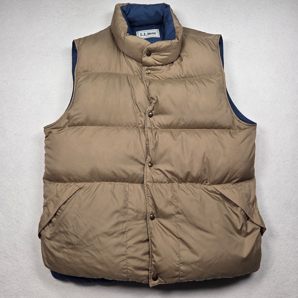 Vtg 80s LL Bean Down Puffer Vest Mens Large Tan Blue Vintage Quilted Packable